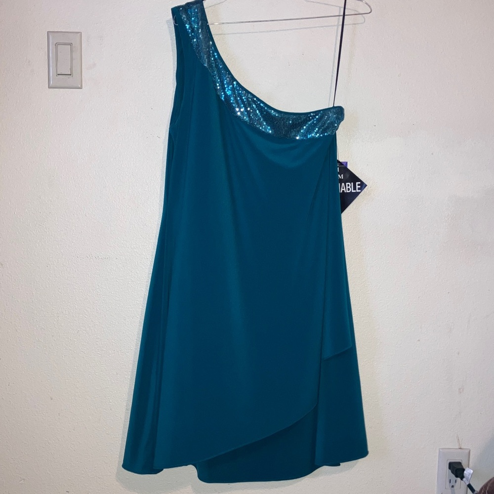 R&M Richards Teal One-Shoulder Mini-Dress with Sequin Detail Formal‎ Size 12